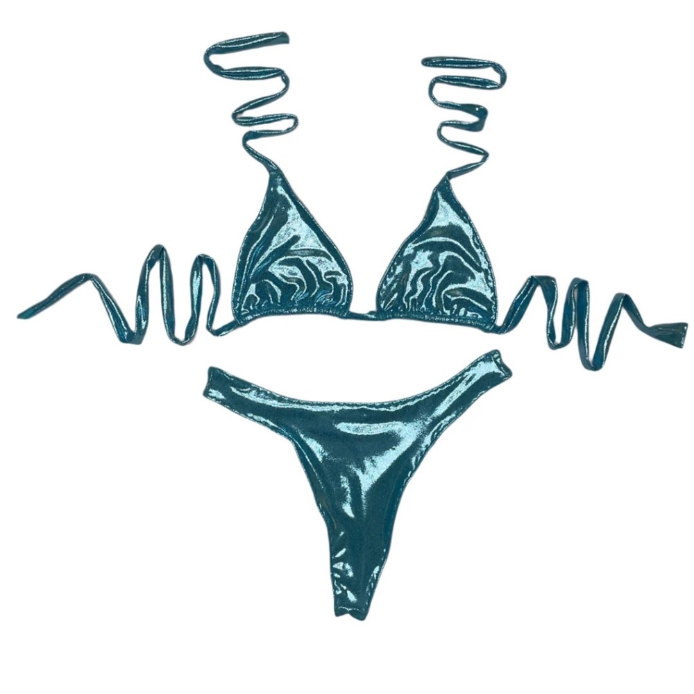 “Made to Order” Metallic Blue Slide Triangle Top & High Leg Bikini Set
